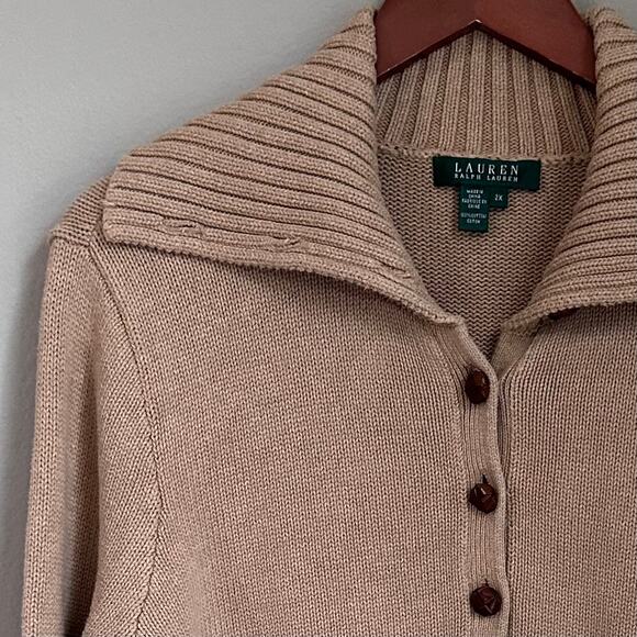 Lauren Ralph Lauren Vintage Fisherman Sweater 90s Y2K Brown Knit Button Shawl 2X - Picture 2 of 11